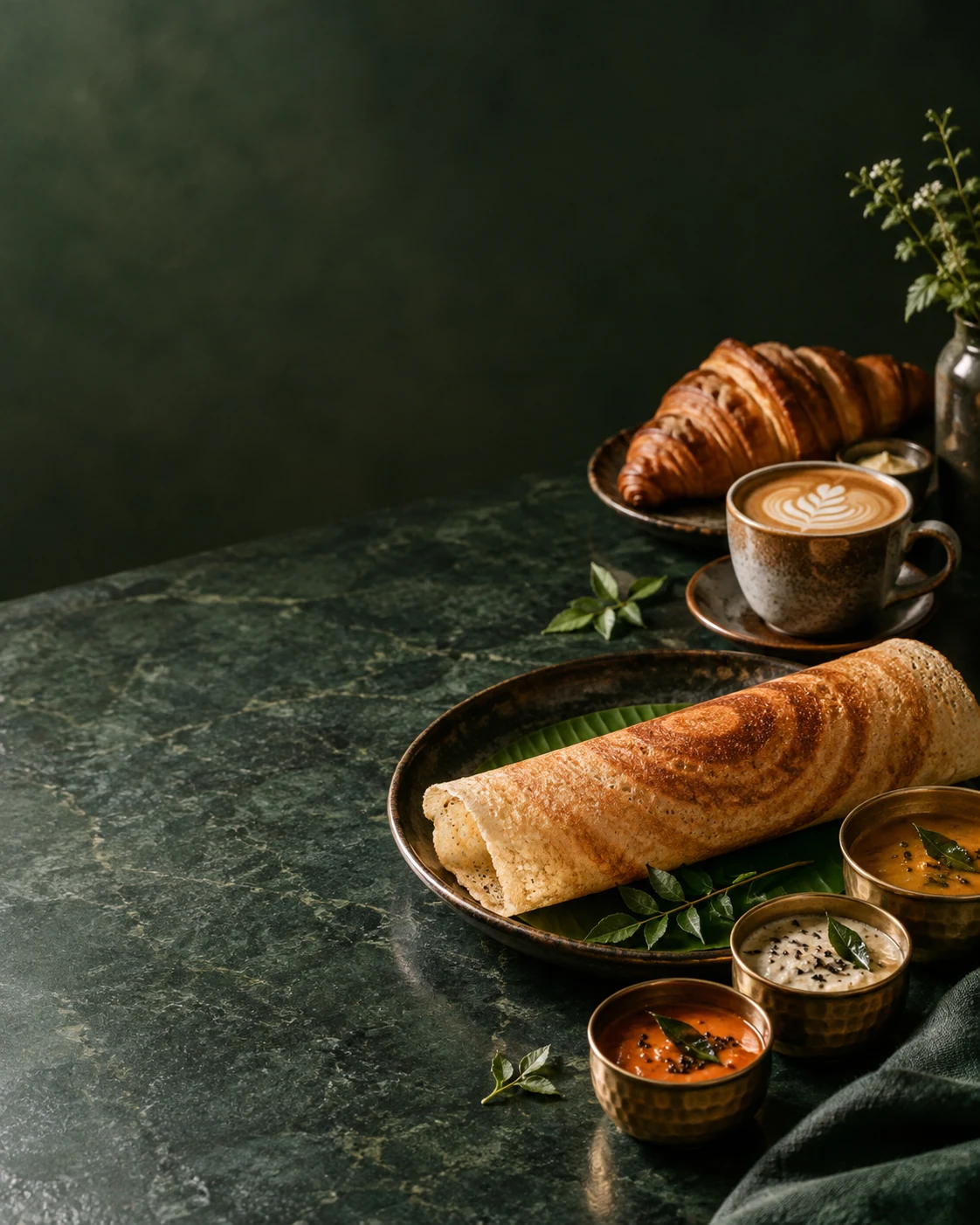 A beautifully prepared café spread with coffee and food