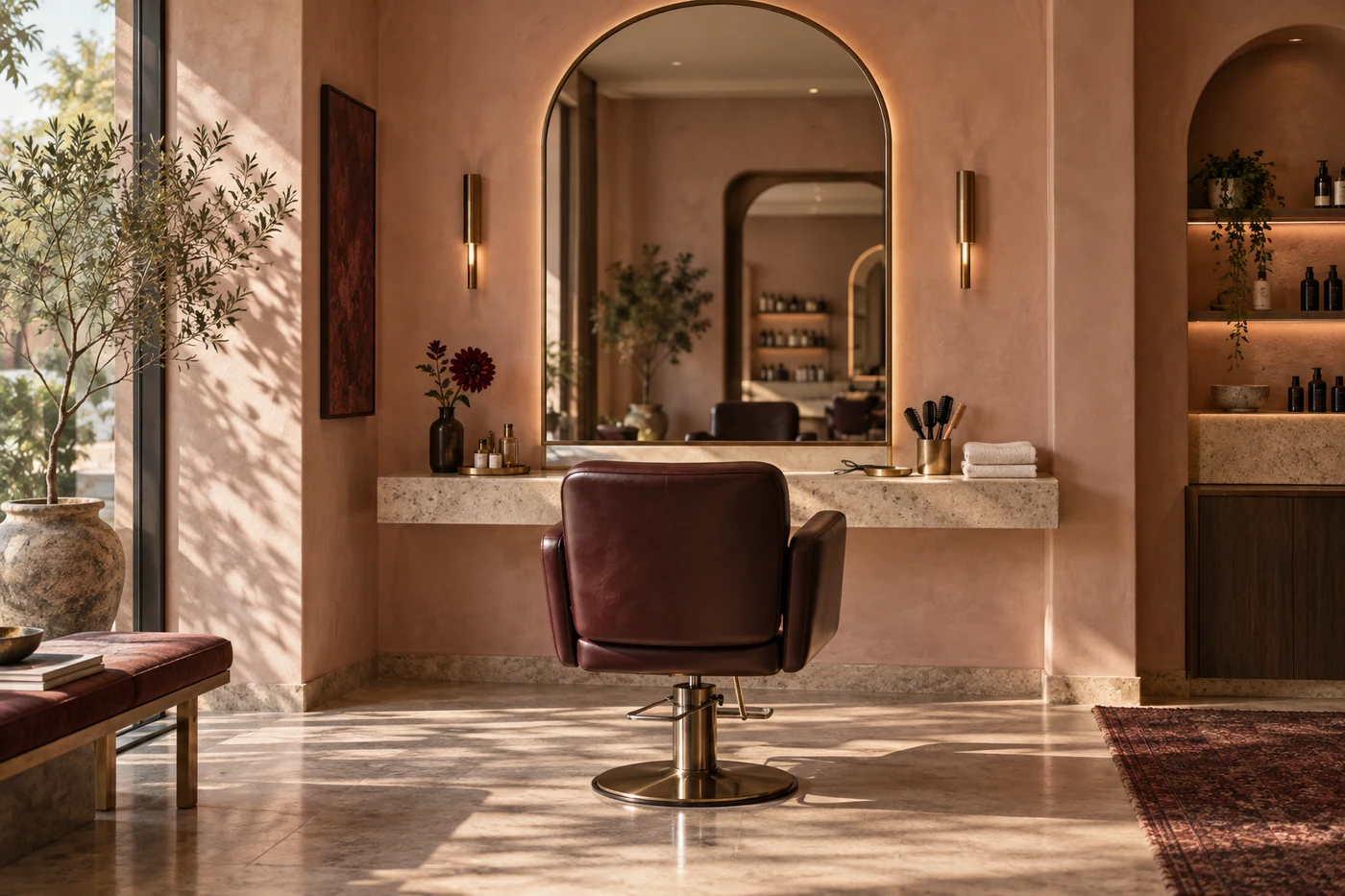 Warmly lit salon with a sculptural mirror and styling chair