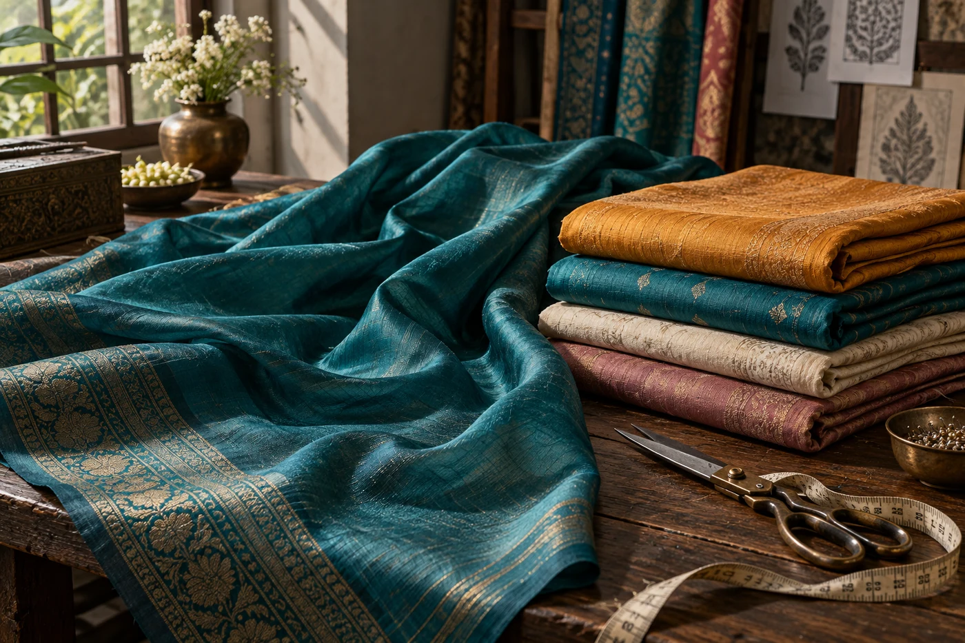 Teal silk, handwoven fabrics and tailoring tools in an atelier